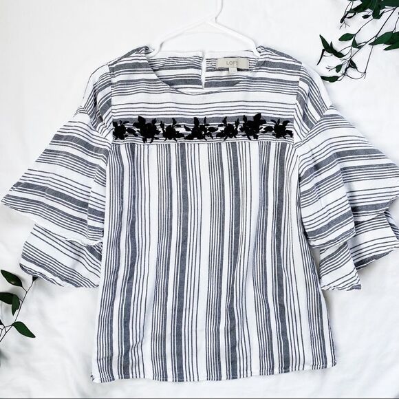 LOFT White Gray Stripe Blouse Ruffle Bell Sleeve Black Floral Decal Embroidery - Picture 1 of 2